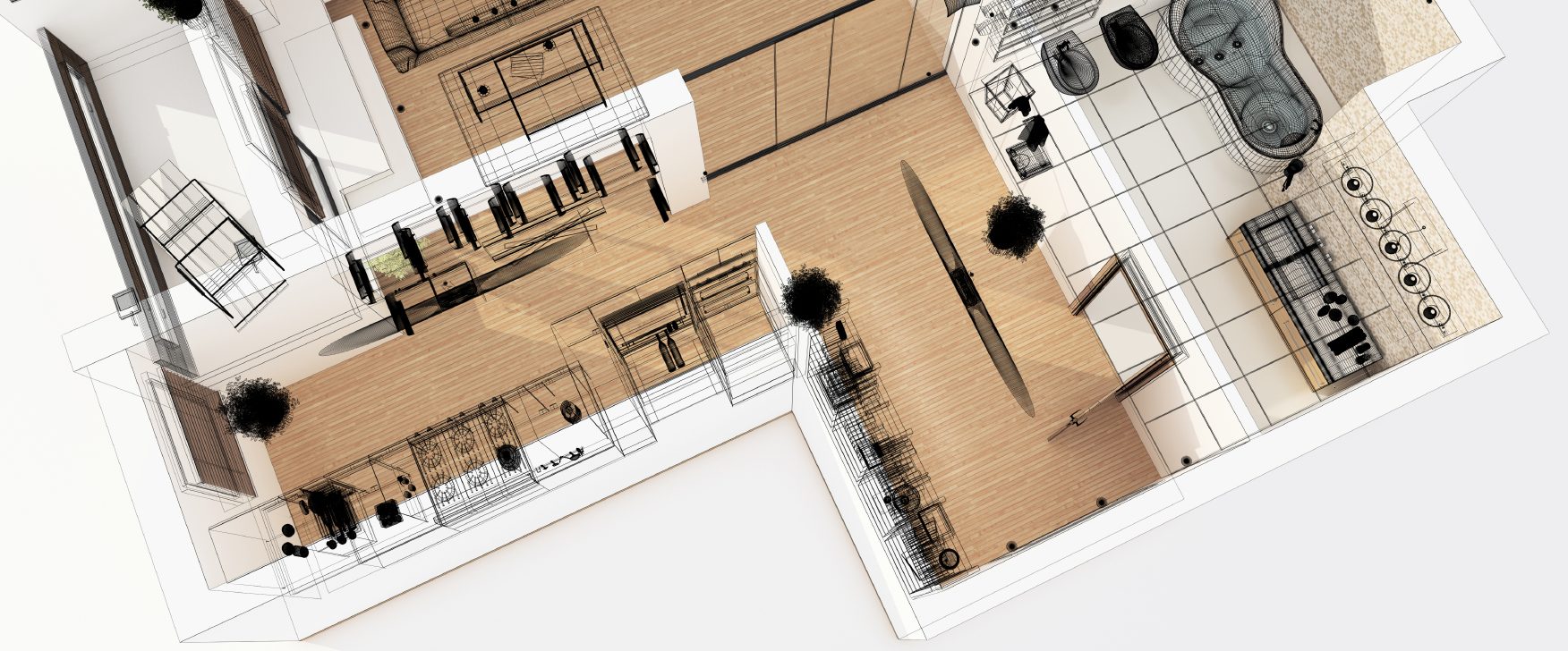 Kitchen blueprints from an areal view.